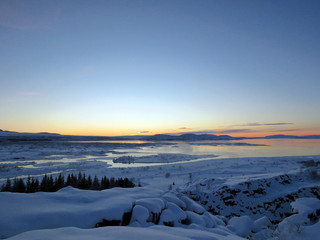 landscape winter scene in Iceland with sunrise