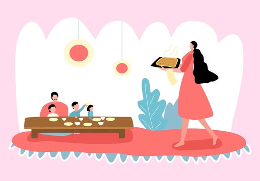 The Woman Cooked Pizza For The Family. Vector Illustration About The Life Of A Housewife. Dad And Children Are Waiting For Mom To Bring Food.  Family Lunch. All Assembled Are At Home.