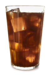 Glass of tasty cold coffee on white background