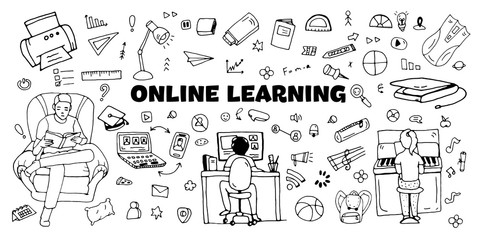 online learning, ector creative illustration of internet communication technologies such as web conference, distance learning, choice of language courses, exam preparation, home schooling, children