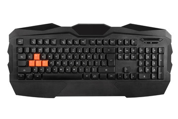Photo of a black gaming keyboard isolated on white background, top view