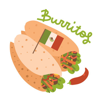 Buritos mexican food with small flag. Favorite portable meal, soft, warm tortilla wrapped with juicy spicy fillings. Flat hand drawn vector illustration with lettering