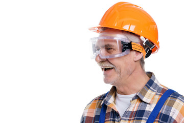 Portrait of foreman smiling in his yellow hardhat smile on white  background