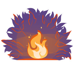Campfire Vector flat cartoon illustration. Fire flame in forest at night. Bonfire Light banner sticker isolated on white background. Summer fireplace evening silhouette icon. Wildfire sign emblem