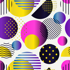 Circle, polka dot seamless pattern. Mixed texture irregular chaotic shapes print. Memphis stile geometric background