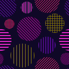 Circle, polka dot seamless pattern. Mixed texture irregular chaotic shapes print. Memphis stile geometric background