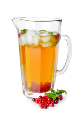 Jug of tasty cold tea on white background