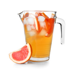 Jug of tasty cold tea on white background