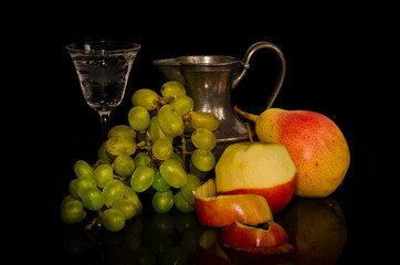 A still life with fruits, an apple, a peach and grapes, a jar of tin and a glass of water in style of an ancient artist