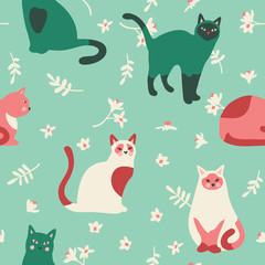 Seamless pattern with cute kittens, leaves and flowers. Creative childish texture. Vector Illustration.
