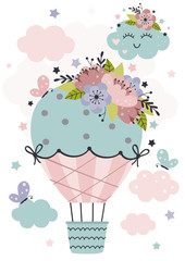 Fototapety  poster with Hot Air Balloon and flowers  -  vector illustration, eps 