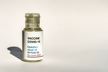 ChAdOx1 nCoV-19, transparent bottle with a vaccine