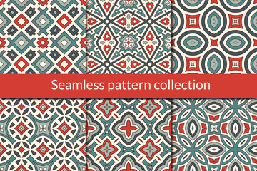 Ethnic seamless pattern collection. Folk backgrounds set. Eclectic prints. Geometric motif. Boho chic geo vector bundle