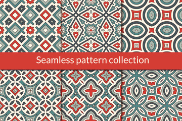 Ethnic seamless pattern collection. Folk backgrounds set. Eclectic prints. Geometric motif. Boho chic geo vector bundle