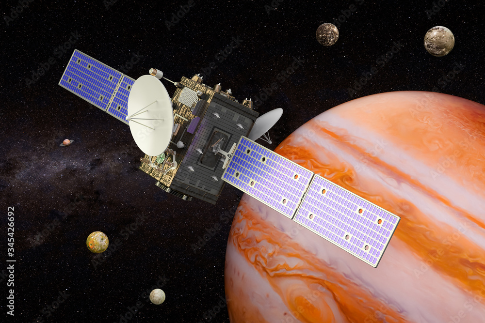 Poster space probe orbiting jupiter, 3d rendering