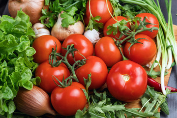 ripe delicious red tomatoes on a background of green herbs. Organic product. Agricultural industry. Vegetarianism and raw food. Red on green. Green onions, arugula, parsley.