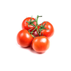 four fresh tomatoes with green leaves isolated on a white background. Juicy red tomatoes. Ripe vegetables. Organic product.