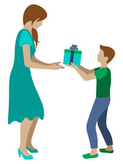 cartoon illustration with little son gives a present to his mother