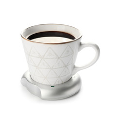 Cup of coffee with heater on white background