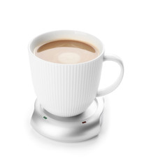 Cup of coffee with heater on white background