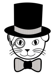 cute illustration of cat with monocle in the cylinder and bowtie