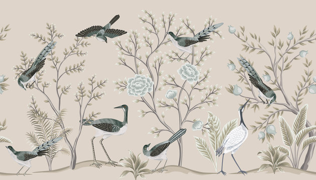 Vintage garden tree, birds, crane floral seamless border beige background. Exotic chinoiserie wallpaper.
