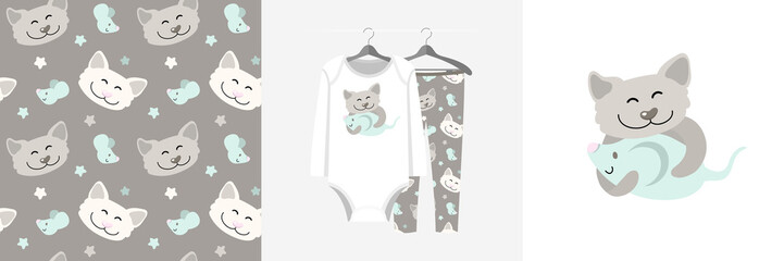 Seamless pattern and illustration set with cat hugs mouse