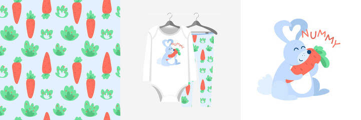 Seamless pattern and illustration set with rabbit hugs carrot, Nummy text