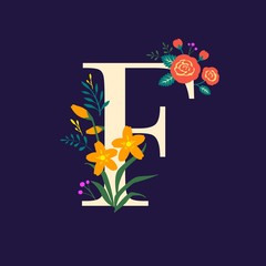 Whimsical floral botanical monogram alphabet - capital F vector elements with dark berry blue background and cream color font