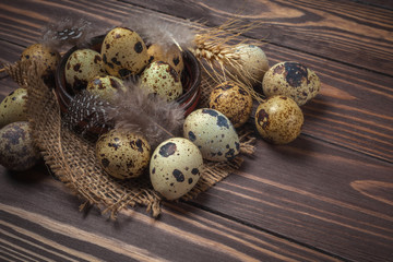 Quail eggs and feathers in a clay plate on a dark wooden background