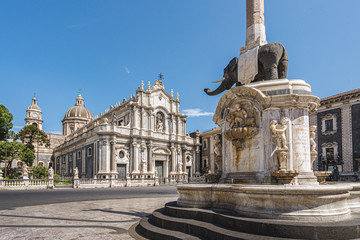 Catania, Sicily (Italy). Dome square and the fountain of the elephant (1737) main landmark of the...