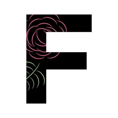 THICK BLACK ENGLISH ALPHABET WITH PINK ROSE FLOWER AND GREEN LEAF : F