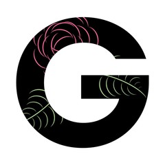 THICK BLACK ENGLISH ALPHABET WITH PINK ROSE FLOWER AND GREEN LEAF : G