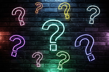 Many 3D illustrated question mark with led light on brick wall background. 