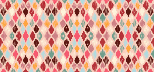 Ikat geometric folklore ornament with diamonds. Tribal ethnic vector texture. Seamless striped pattern in Aztec style. Folk embroidery. Indian, Scandinavian, Gypsy, Mexican, African rug.