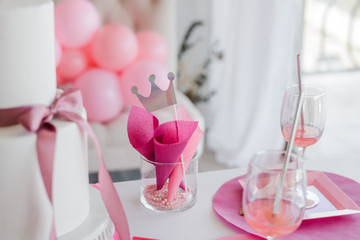 Stylish details of table setting in white colors Wedding or birthday party decoration, Selective focus
