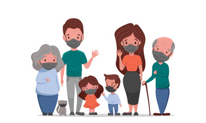Coronavirus in whole world. White family in medical face mask. Concept of coronavirus quarantine 2020. Protect your family and prevent the flu, vector flat cartoon illustration.