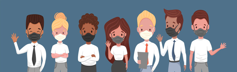 Group of multicultural workers or students (white, african, black). Young people in medical masks isolated characters on colored background. Coronavirus precautions. Vector flat cartoon illustration 