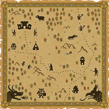 Medieval fantasy RPG map with an ornate dragon frame, trees, mountains and various characters like goblins, a wizard, an orc, knights, etc.