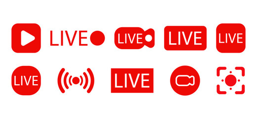 Set of live streaming icons. Red symbols and buttons of live streaming, broadcasting, online stream. Lower third template for tv, shows, movies and live performances. Vector EPS 10