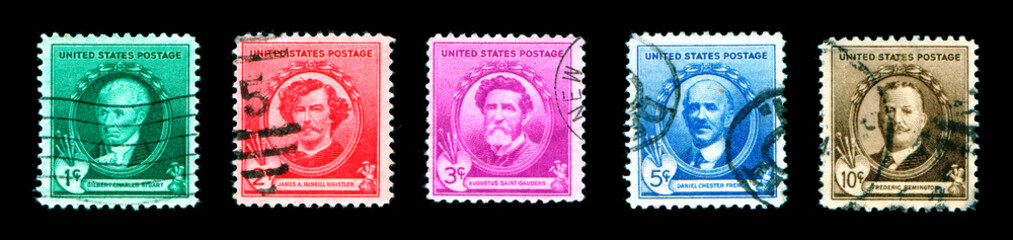 Famous American Artists Stamp Series 1940, Seven categories - authors, poets, educators, scientists, composers, artists, and inventors. US Commemorative Postage Stamps