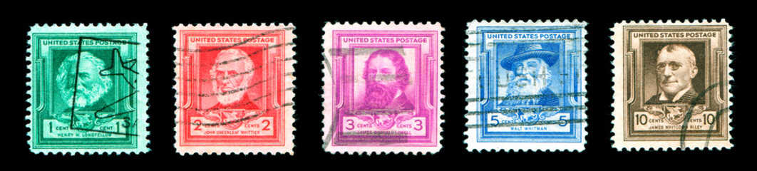 Famous Americans Poets Stamp Series 1940 Commemorative. Seven categories - authors, poets, educators, scientists, composers, artists, and inventors. US Commemorative Postage Stamps