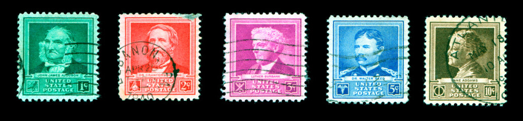 Obraz premium Famous Americans Scientists Stamp Series 1940 Commemorative. Seven categories - authors, poets, educators, scientists, composers, artists, and inventors. US Commemorative Postage Stamps