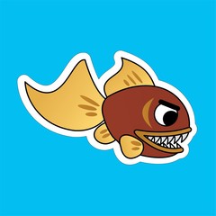 Sticker of Wild Fish Showed Sharp Teeth Cartoon, Cute Funny Character, Flat Design
