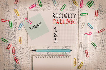 Handwriting text writing Security Padlock. Conceptual photo hardened steel body and double locking...