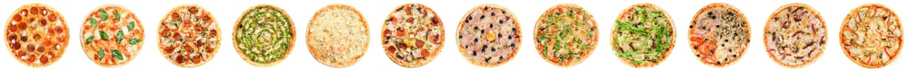 set pizza on white top view, flat lay