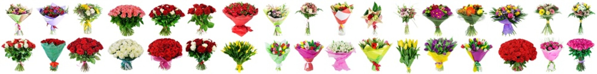Set of flowers bouquets isolated on white collage