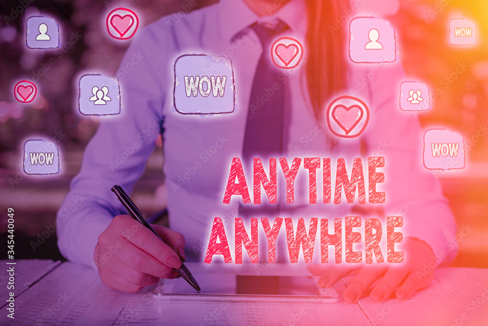 Poster writing note showing anytime anywhere. business concept for saying that you can do something at ever