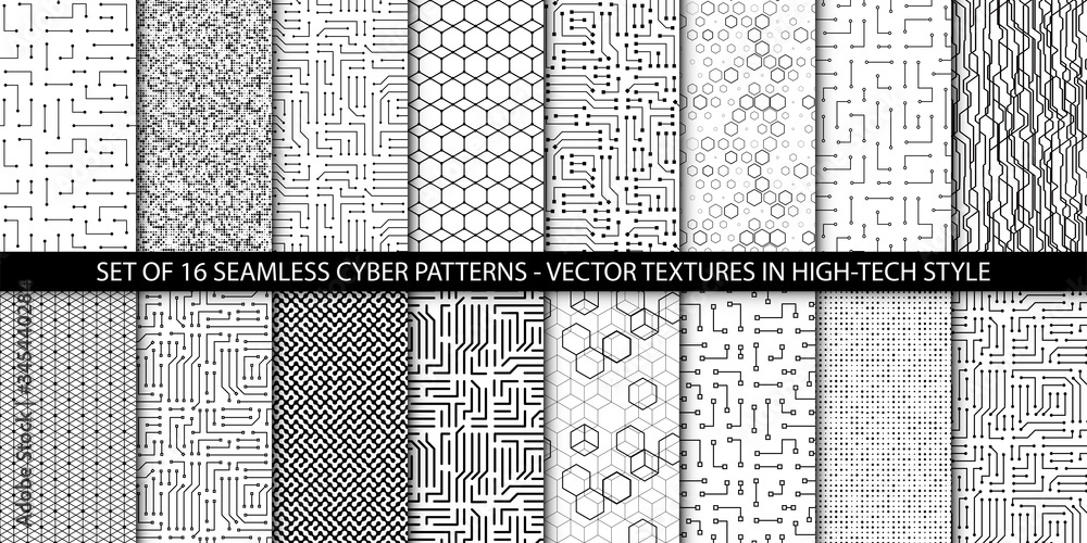 Leinwandbilder Vector set of geometric seamless patterns with microchip or circuit board elements. Monochrome textures. Technology concept. Usable as wrapping paper, website background.