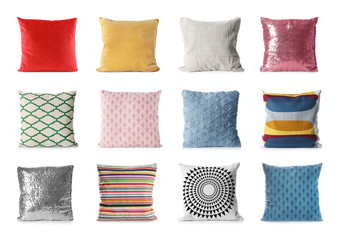 Set of different pillows on white background